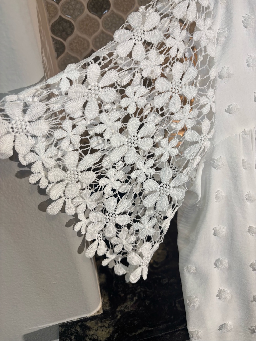 Women’s White V-Neck Eyelet Lace Sleeve Top - Picture 2 of 2